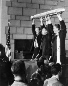 The three men who committed to developing the Explorer 1, America's first Earth satellite which was launched January 31, 1958. At left is Dr. William H. Pickering, former director of JPL, which built and operated the satellite. Dr. James A. van Allen, center, of the State University of Iowa, designed and built the instrument on Explorer that discovered the radiation belts which circle the Earth. At right is Dr. Wernher von Braun, leader of the Army's Redstone Arsenal team which built the first stage Redstone rocket that launched Explorer 1. The three men held a model of Explorer 1 over their heads the night the satellite--the U.S.'s first--went into orbit, four months after Sputnik.ID: GPN-2000-000478 Other ID: P8485 Credit: NASA Headquarters - GReatest Images of NASA (NASA-HQ-GRIN)